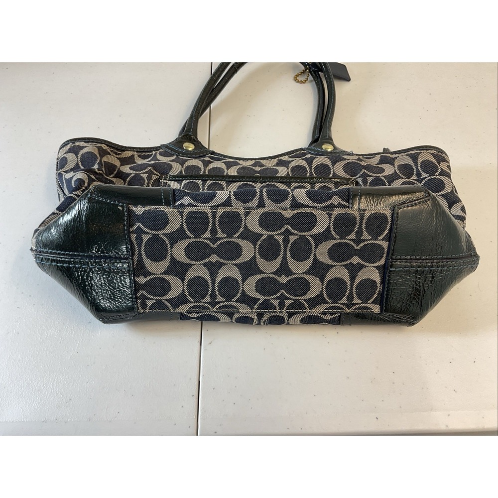 Vtg Coach black Navy canvas patent leather tote shop beach  travel shoulder bag‎ - Picture 3 of 12